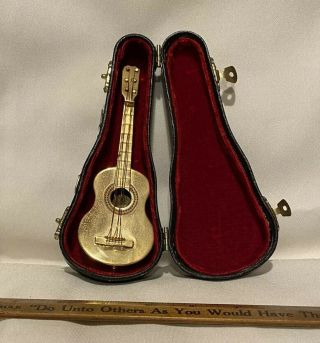 Acoustic Folk Guitar Brass 6 String Collectible Miniature W/case
