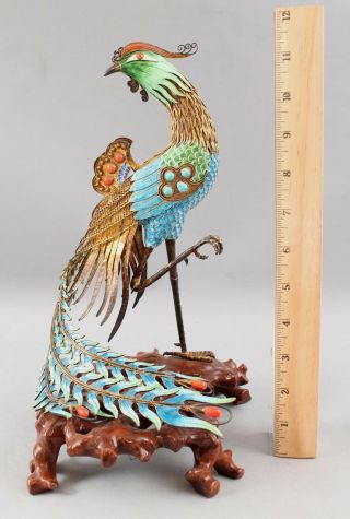 Vintage Chinese Gilt Silver Filigree Enamel Turquoise Coral Phoenix Bird Statue