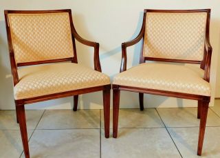 Pair Antique/vtg Hickory Furniture Solid Mahogany Upholstered Accent Arm Chairs