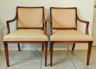 Pair Antique/Vtg Hickory Furniture Solid Mahogany Upholstered Accent Arm Chairs 2