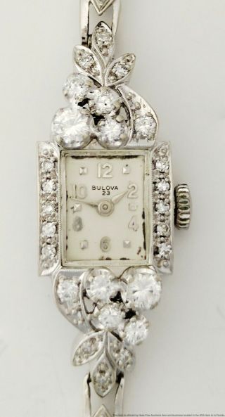 Vintage 1.  25ctw Fine Diamond 14k White Gold Ladies Bulova Cocktail Watch