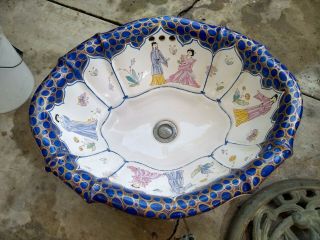 Sherle Wagner Italy Drop In Lavatory Sink Basin Chinoiserie Geisha Blue Vtg