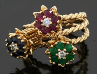 Vintage Heavy 14k Gold 1.  65ctw Vs Diamond Ruby Emerald Sapphire Flower Ring Set