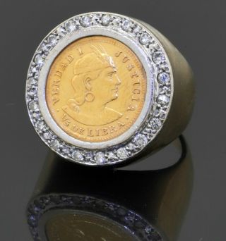 Heavy Vintage 14k Yg 0.  38ct Vs1/g Diamond & Gold Libra Coin Ring Size 5.  25