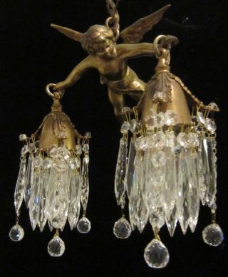 Bronze Vintage Chandelier hanging French Lamp Flying Cherub Brass Crystal light 4