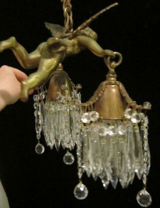 Bronze Vintage Chandelier hanging French Lamp Flying Cherub Brass Crystal light 5
