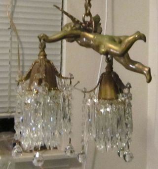 Bronze Vintage Chandelier hanging French Lamp Flying Cherub Brass Crystal light 6