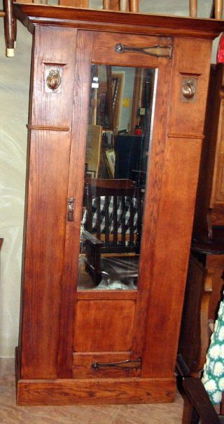 Vintage Unrestored Tiger Oak Mission Style Armoire Wardrobe,  Key Mirror