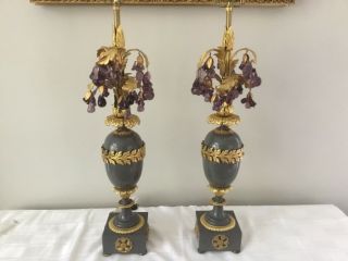 Vintage French Empire Gustavian Bronze Czech Glass Fruit Lamp Pair Gray Amethyst 2
