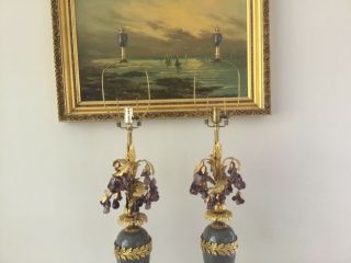 Vintage French Empire Gustavian Bronze Czech Glass Fruit Lamp Pair Gray Amethyst 3
