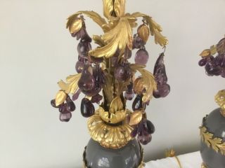 Vintage French Empire Gustavian Bronze Czech Glass Fruit Lamp Pair Gray Amethyst 5