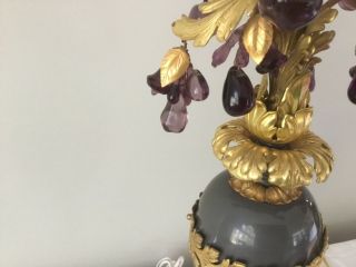 Vintage French Empire Gustavian Bronze Czech Glass Fruit Lamp Pair Gray Amethyst 6