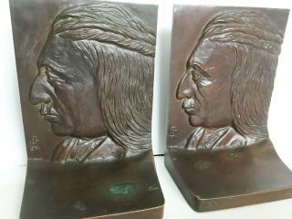 VTG Antique Bookends Profile Native American Indian Bust Heavy Griffoul BRONZE 2