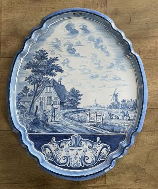 Large Vintage Blue And White Dutch Delft Wall Plaque Porcelain Blue And White