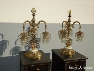 Pair Vintage French Provincial 3 Armed Crystal Table Lamps No Lampshades