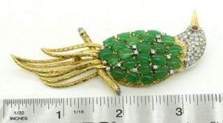 Vintage Jumbo Heavy 14K gold 1.  77CTW diamond/ruby/jade cluster bird brooch 3