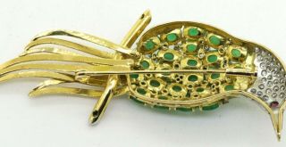 Vintage Jumbo Heavy 14K gold 1.  77CTW diamond/ruby/jade cluster bird brooch 4