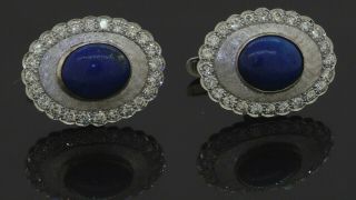 Heavy Vintage 14k Wg 2.  40ct Vs Diamond & Lapis Lazuli Florentine Cufflinks