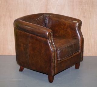 Lovely Vintage Aged Cigar Brown Leather Tub Chair
