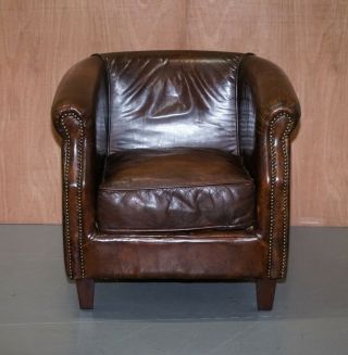 LOVELY VINTAGE AGED CIGAR BROWN LEATHER TUB CHAIR 2