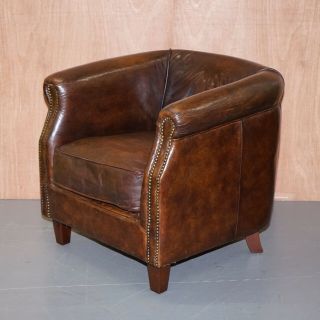 LOVELY VINTAGE AGED CIGAR BROWN LEATHER TUB CHAIR 3