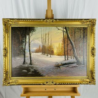 Vintage Large Winter Landscape Oil On Canvas In Ornate Gilt Wood Frame