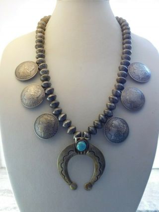 Vtg Old Pawn Navajo Coin Sterling Silver Turquoise Squash Blossom Necklace