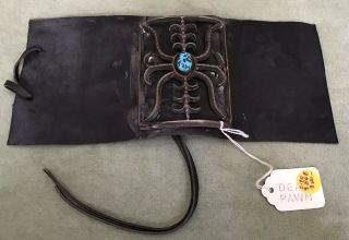 Vintage Dead Pawn Navajo Silver Turquoise Ketoh Bracelet - Black Leather 2