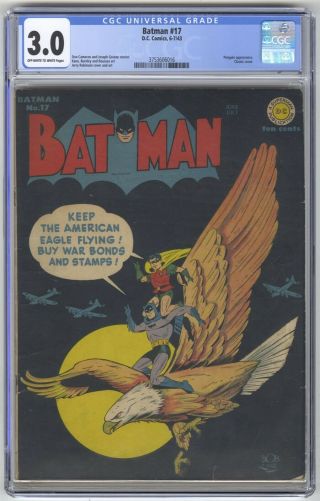 Batman 17 Cgc 3.  0 Vintage Dc Comic Key Classic War Bond Cover Golden Age 10c