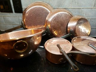 Vintage Cordon Bleu Bia French France Hammered Copper Bowl Pots Pans Iron Set