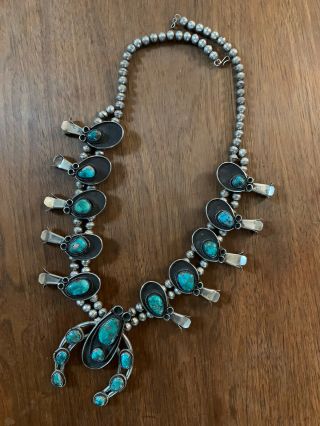 Vintage Heavy Native American Shadow Box Squash Blossom Necklace
