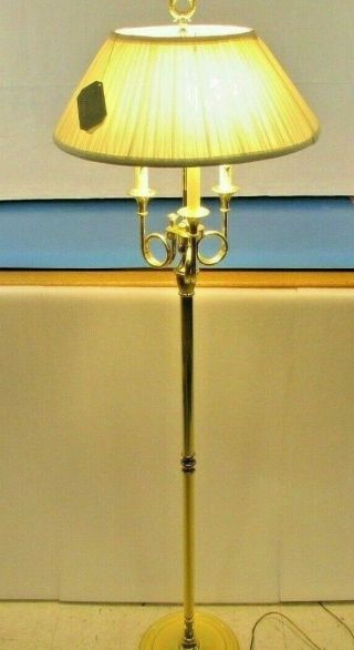 Baldwin Brass Triple French Horn Bouillotte Floor Lamp 60 " Pleated Shade,  Vintag