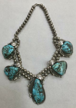 Vintage Navajo Silver & Blue Turquoise Nugget Necklace With Feathers Signed Jd