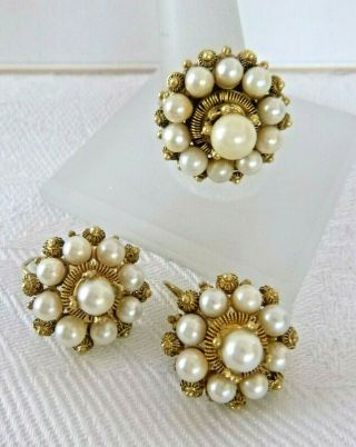 Vintage 10k Yellow Gold & Pearls Pierced Earrings & Sz 8 Ring Set 15.  8 Grams