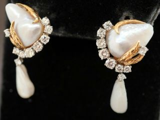 Heavy Vintage 14k Yg 1.  74ct Vs Diamond & Pearl Cluster Drop Dangle Earrings