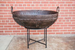 Vintage Fire Pit With Stand,  Rustic Metal Bowl,  Kadai Bowl Primitive