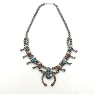 Vintage Navajo Handmade Sterling Turquoise Coral Squash Blossom Necklace Signed
