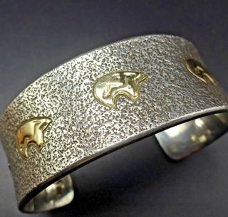 Vintage Navajo Sterling Silver And 14k Gold Cuff Bracelet By Alfred Joe Bears
