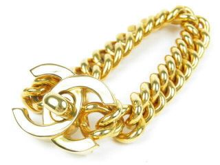 Chanel Cc Logo Turn Lock Bracelet Gold Tone Vintage Bangle V1875