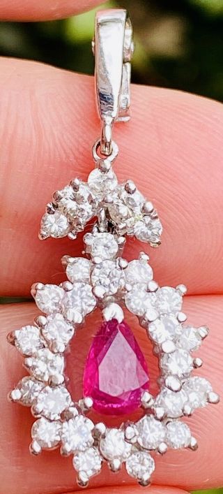 Vintage Estate 18k Gold 1.  86ct Diamond Halo Pear Ruby Diamond Pendant