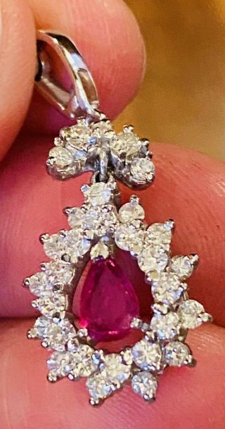 Vintage Estate 18K Gold 1.  86ct Diamond Halo Pear Ruby Diamond Pendant 2