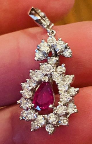 Vintage Estate 18K Gold 1.  86ct Diamond Halo Pear Ruby Diamond Pendant 4
