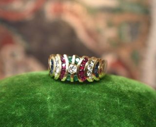Vintage Retro 14k Yellow Gold Sapphire Emerald Ruby Diamond Ring Sz 9