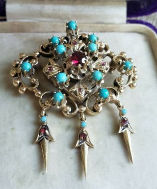 Large Vintage Victorian 14k Turquoise And Garnet Convertible Brooch To Pendant
