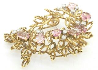 Heavy Vintage 14k Yg 10.  0ct Vs Diamond & Pink Sapphire Floral Ribbon Brooch