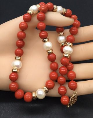 Vintage 14k Gold Natural Red Coral & Pearl Bead Necklace