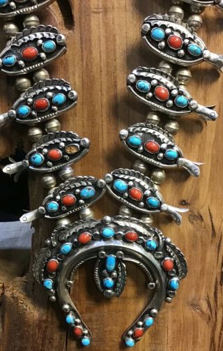 Vintage Alice Long Navajo Sterling Silver Squash Blossom Necklace Turquoise