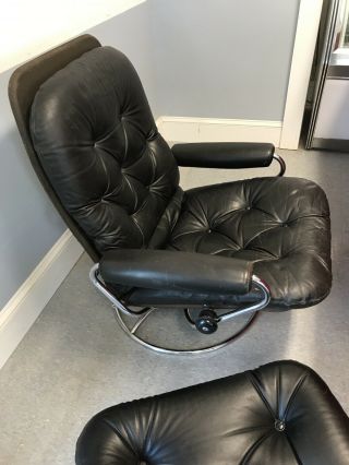 Ekornes Stressless Recliner Leather Chair W/ Ottoman Metal Base MCM Norway VTG 2