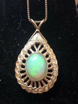 Antique Estate 14k White Gold Opal & Diamond Necklace Pendant Edwardian