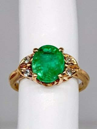 Antique 1930s Deco $4000 3.  50ct Colombian Emerald Diamond 10k Yellow Gold Ring